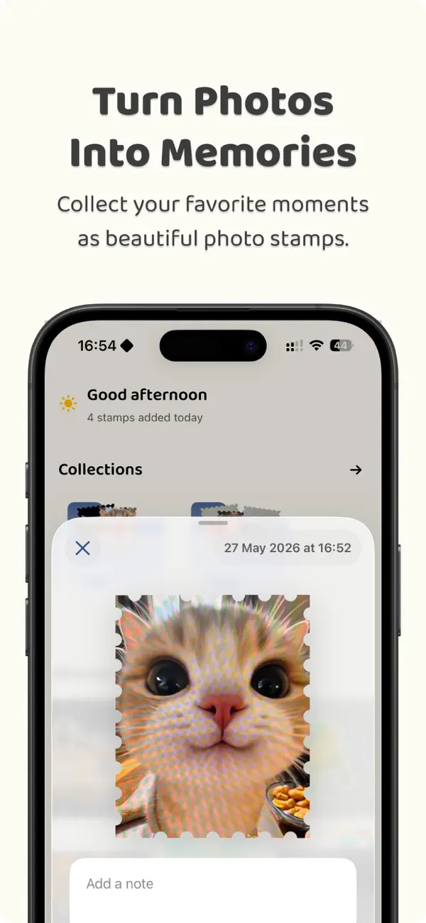 Stampify App Store screenshot showing the memory journal overview